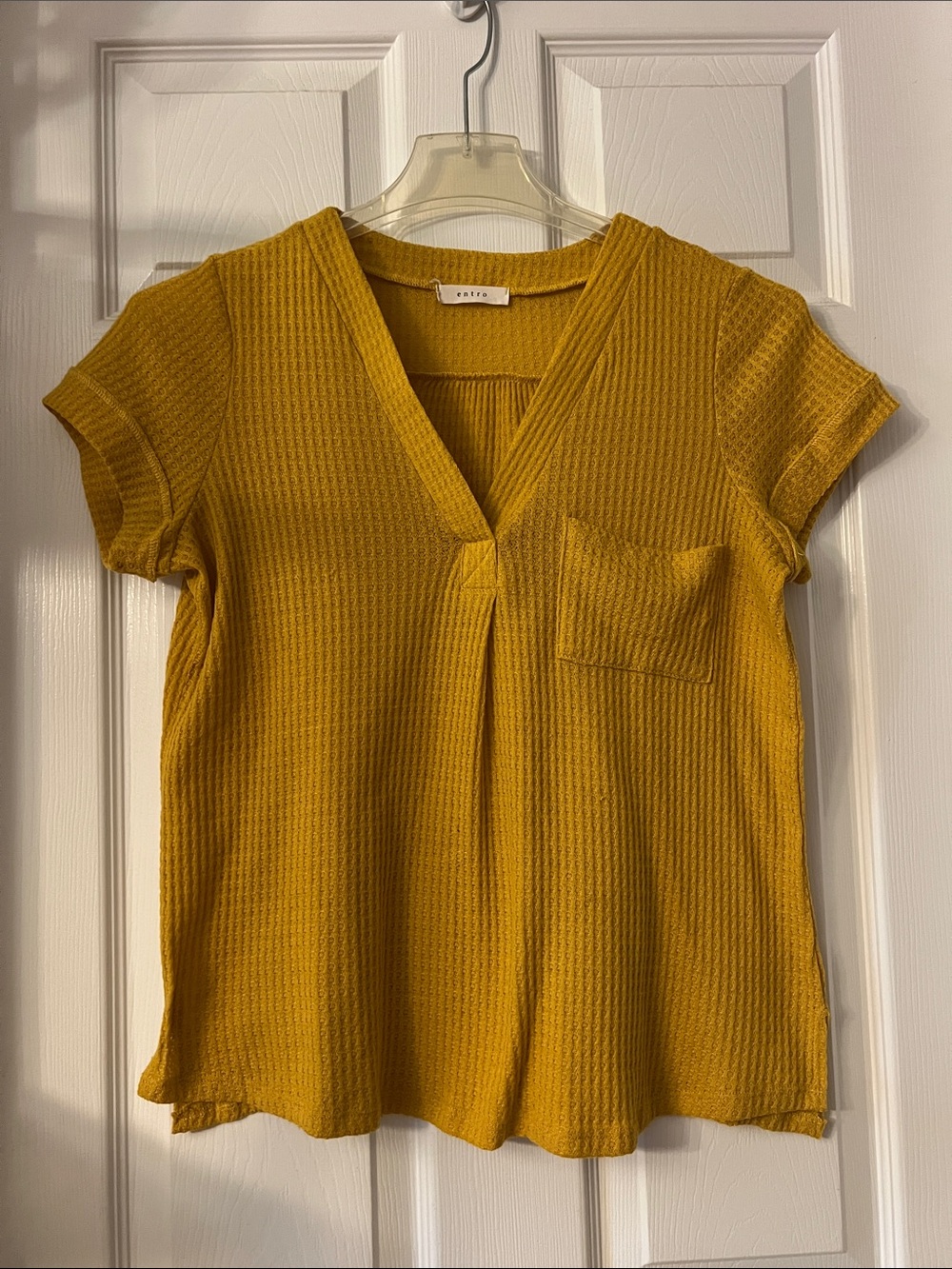 Waffle Knit V-Neck Pocket Top - Mustard